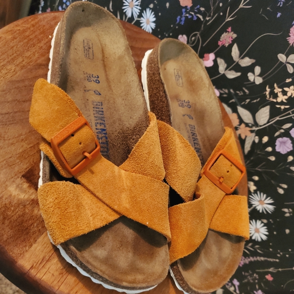 Birkenstock Siena Orange Brown Suede Crossed Straps Mules Clogs